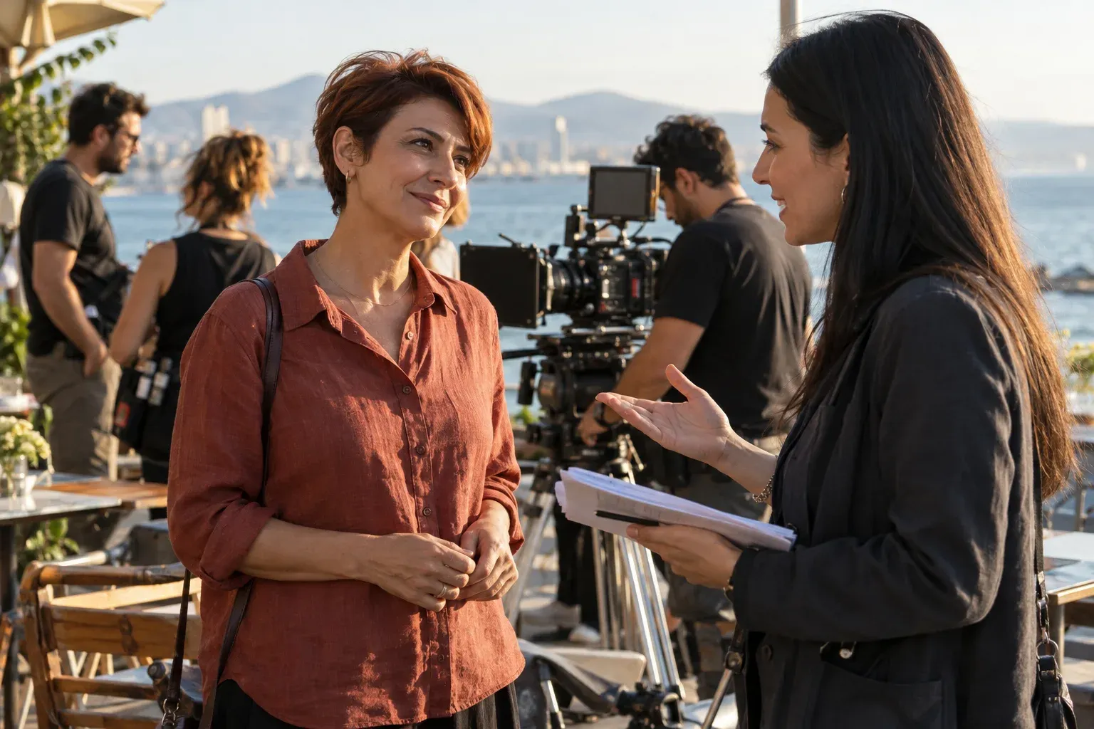 İzmir’deki dış çekim setinde cast temsilcisinden bilgi alan oyuncu adayı.