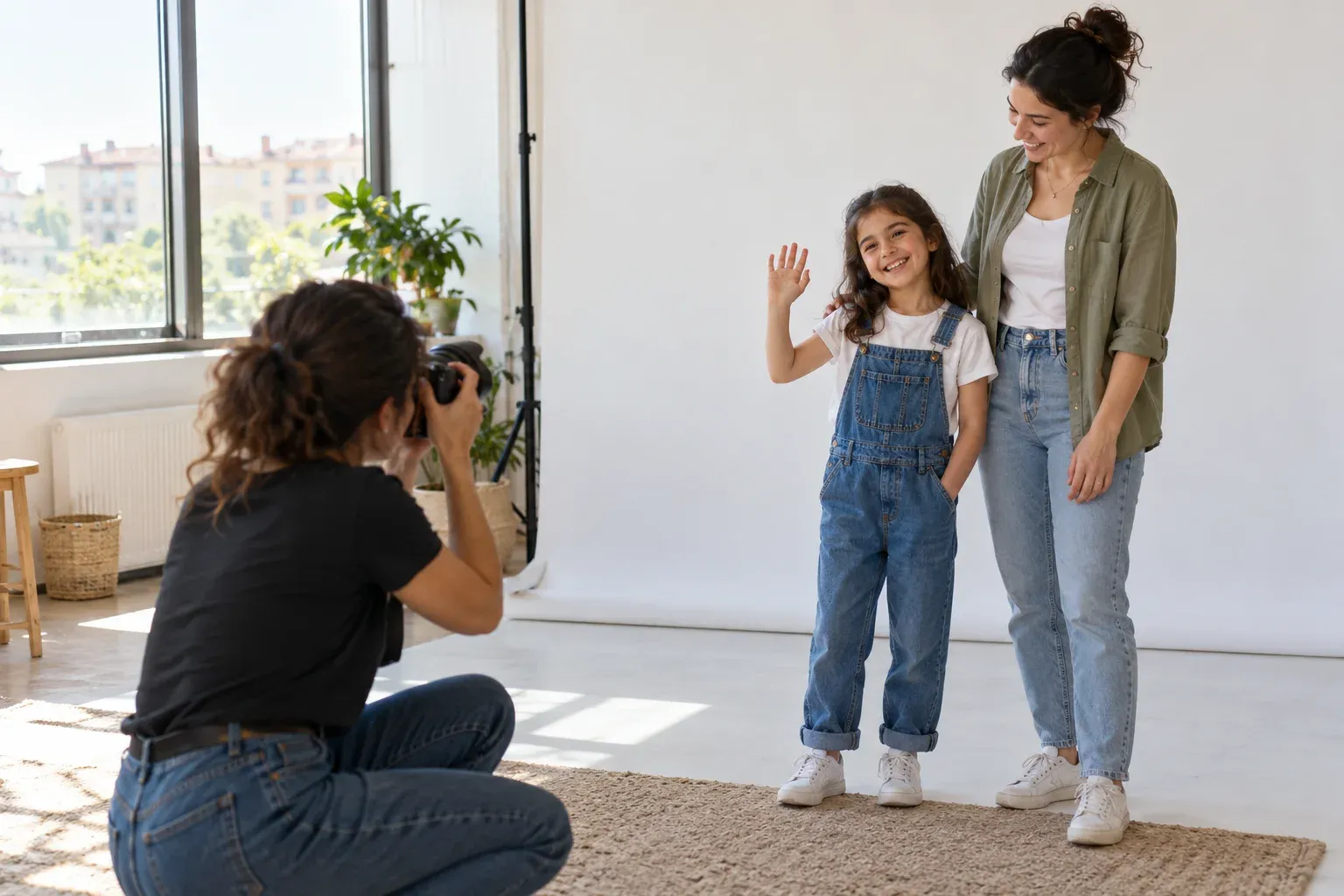 Çocuk aday, annesinin yanında güvenli bir stüdyoda fotoğraf çekimine katılıyor.