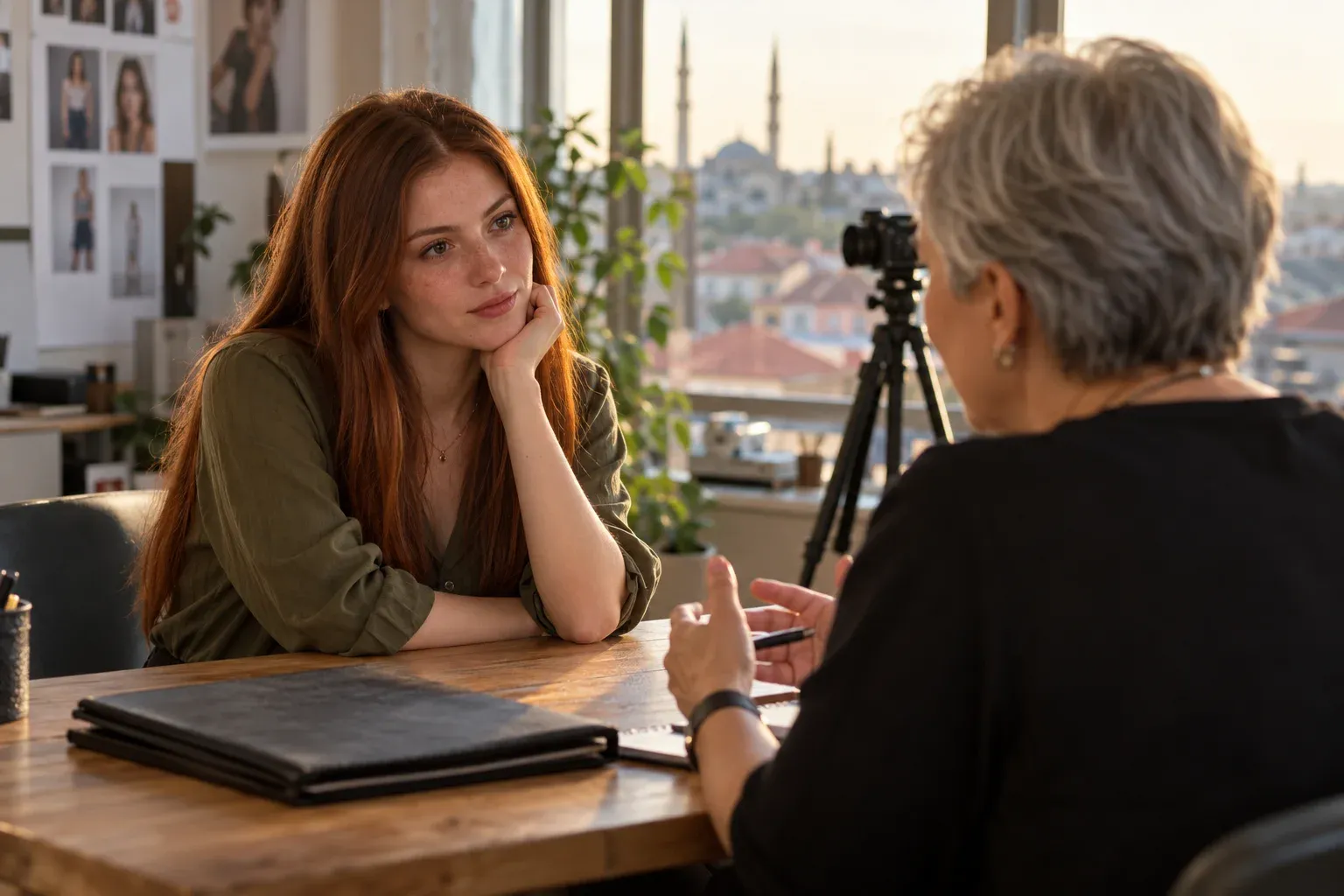 Edirne’de oyuncu seçmesi sürecini ajans görevlisiyle görüşen genç kadın.