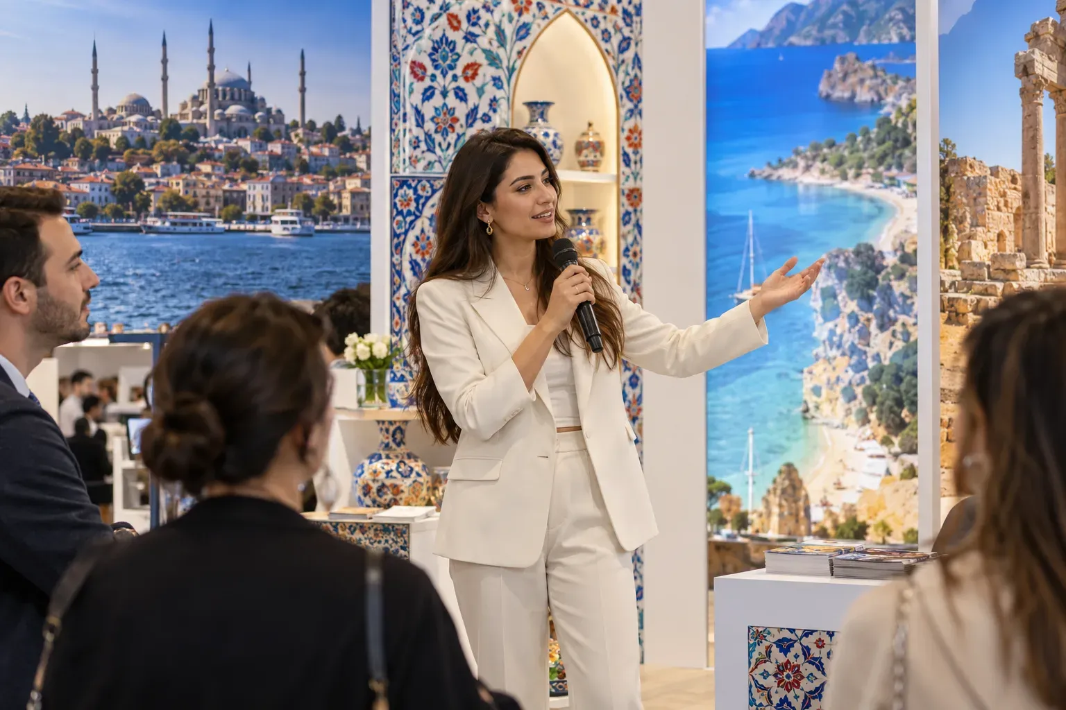 Turizm fuarı için sunucu ve tanıtım hostesi