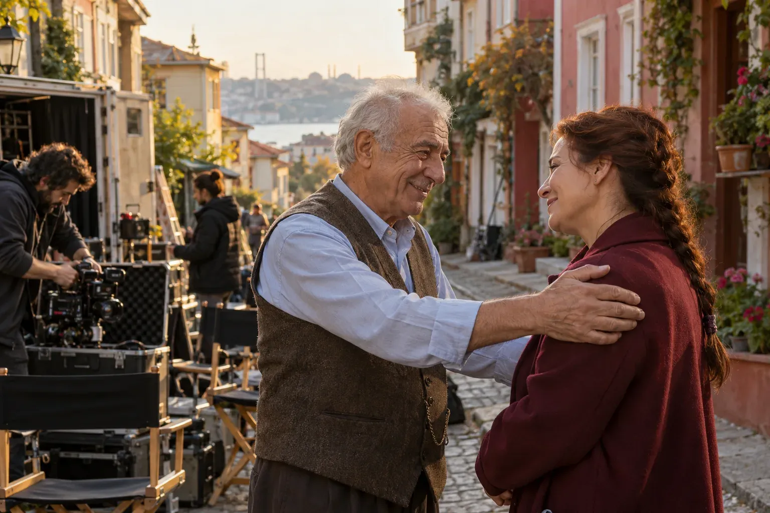 Mahalle dizisinin son çekim gününü temsil eden kurgusal set sahnesi.