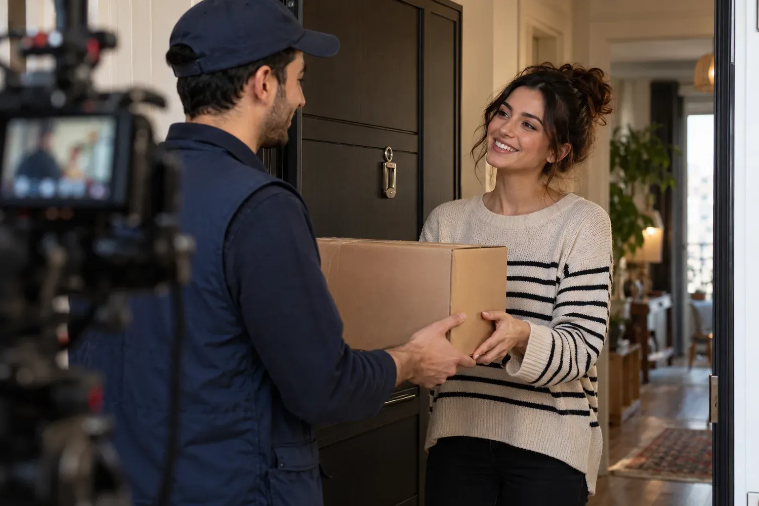 E-ticaret reklamı için kurye ve müşteri rolleri