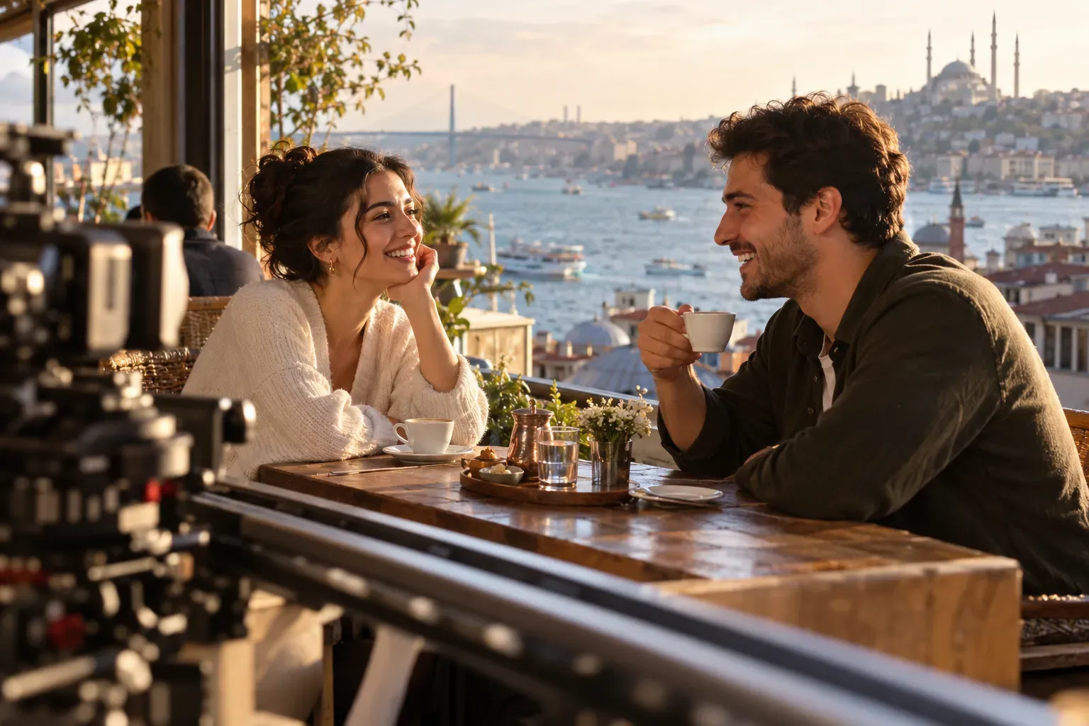 Kahve reklamı için genç çift oyuncu